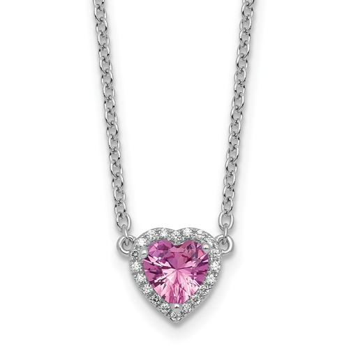 14K White Gold 0.10 Carat Lab Grown Diamond VS+ F+ and Genuine Pink Sapphire Complete Heart Necklace, 18"
