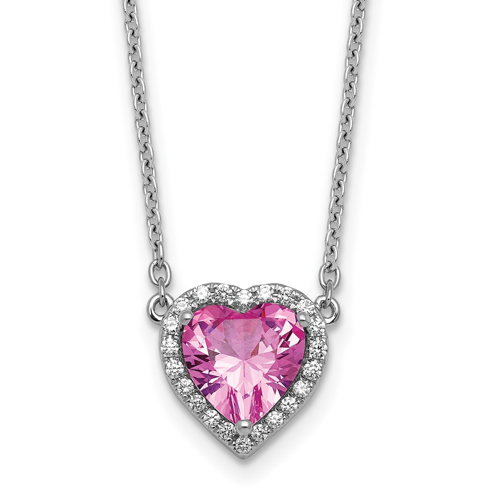 14K White Gold 0.17 Carat Lab Grown Diamond VS+ F+ and Genuine Pink Sapphire Complete Heart Necklace, 18"