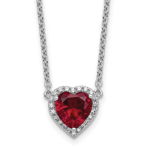 14K White Gold 0.17 Carat Lab Grown Diamond VS+ F+ and Genuine Ruby Complete Heart Necklace, 18"