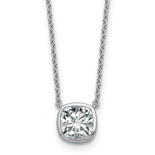 14K White Gold 1.50 Carat Certified Lab Grown Diamond VS+ F+ Cushion Complete Bezel Set Necklace, 18"