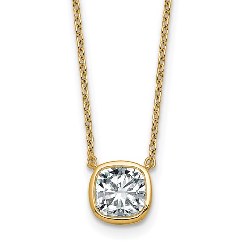 14K Yellow Gold 1.50 Carat Certified Lab Grown Diamond VS+ F+ Cushion Complete Bezel Set Pendant