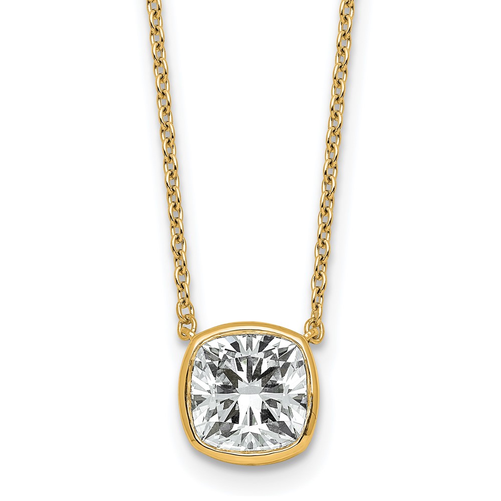14K Yellow Gold 2 Carat Certified Lab Grown Diamond VS+ F+ Cushion Complete Bezel Set Pendant