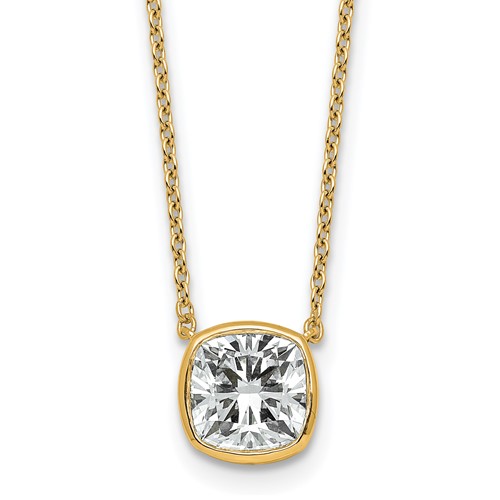 14K Yellow Gold 2 Carat Certified Lab Grown Diamond VS+ F+ Cushion Complete Bezel Set Pendant
