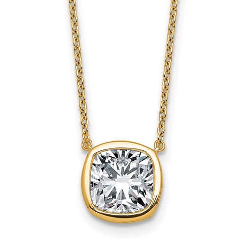 14K Yellow Gold 3 Carat Certified Lab Grown Diamond VS+ F+ Cushion Complete Bezel Set Pendant