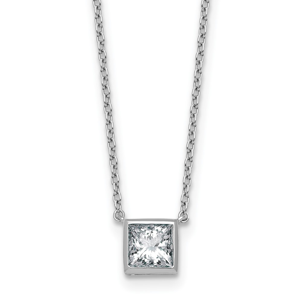 14K White Gold 1 Carat Certified Lab Grown Diamond VS+ F+ Princess Complete Bezel Set Necklace, 18"