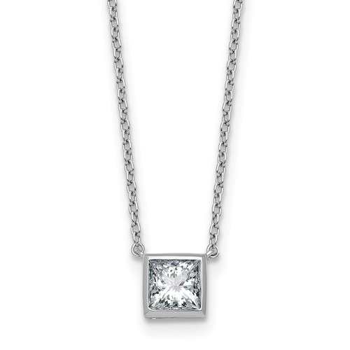 14K White Gold 1 Carat Certified Lab Grown Diamond VS+ F+ Princess Complete Bezel Set Necklace, 18"