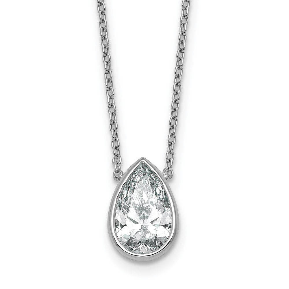 14K White Gold 2.50 Carat Certified Lab Grown Diamond VS+ F+ Pear Complete Bezel Set Solitaire Necklace, 18"