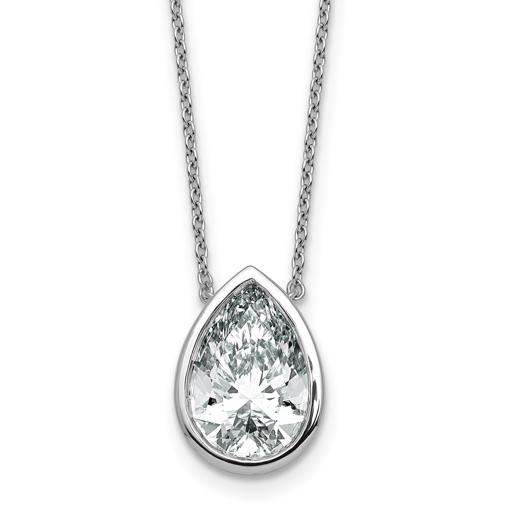 14K White Gold 4 Carat Certified Lab Grown Diamond VS+ F+ Pear Complete Bezel Set Solitaire Necklace, 18"
