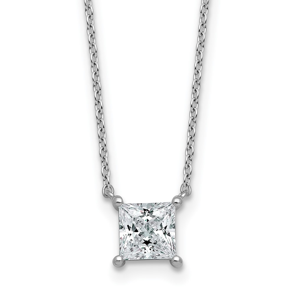14K White Gold 1 Carat Certified Lab Grown Diamond VS+ F+ Princess Complete Four Prong Pendant Necklace, 18"