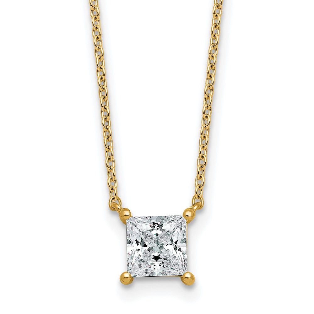 14K Yellow Gold 1 Carat Certified Lab Grown Diamond VS+ F+ Princess Complete Four Prong Pendant Necklace, 18"