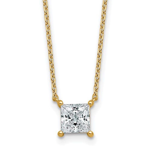 14K Yellow Gold 1 Carat Lab Grown Diamond VS+ F+ Princess Complete Four Prong Pendant Necklace, 18"