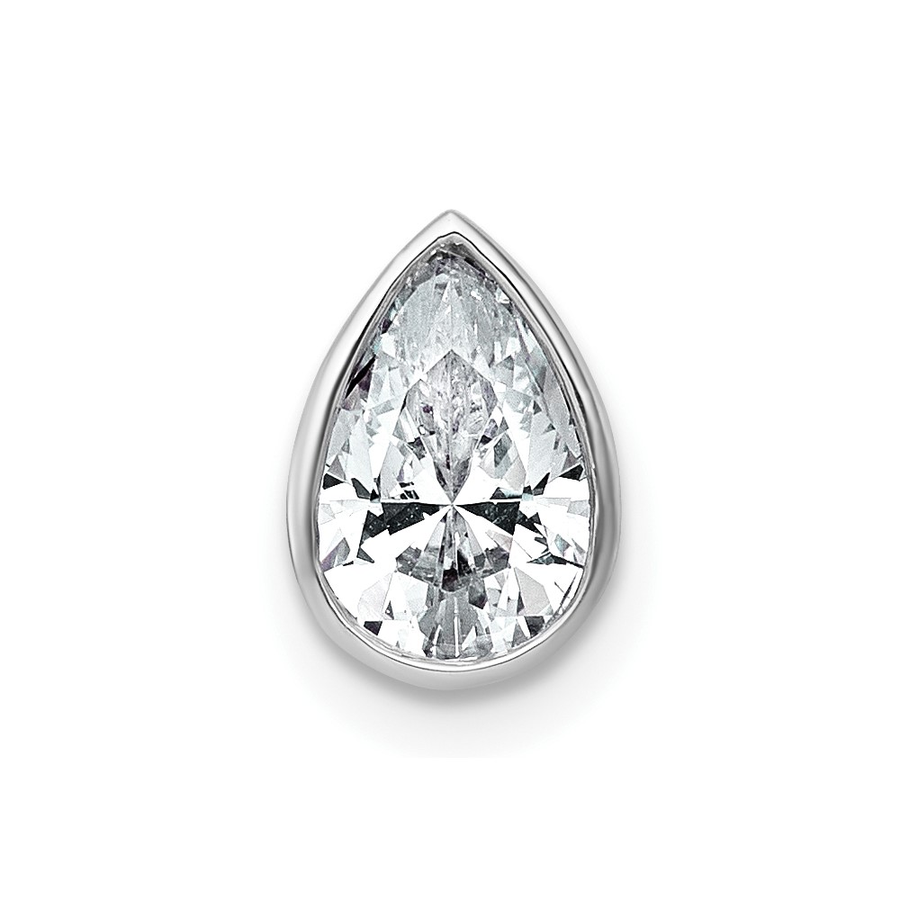 14K White Gold 1 Carat Lab Grown Diamond VS+ F+ Pear Complete Bezel Set Solitaire Chain Slide Pendant