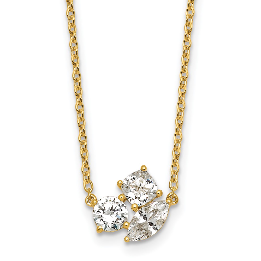 14K Yellow Gold 1 Carat Lab Grown Diamond VS+ F+ Complete Three Stone Fashion Necklace, 18"