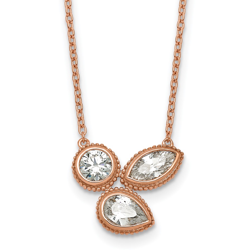 14K Rose Gold 1 Carat Lab Grown Diamond VS+ F+ Complete Three Stone Fashion Necklace, 18"