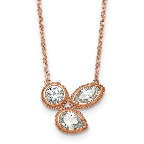 14K Rose Gold 1 Carat Lab Grown Diamond VS+ F+ Complete Three Stone Fashion Necklace, 18"