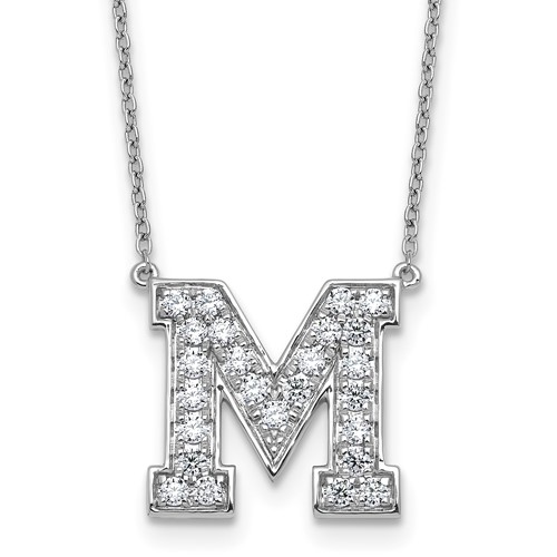 14K White Gold 0.62 Carat Lab Grown Diamond VS+ F+ Complete Letter M Initial Necklace, 18"