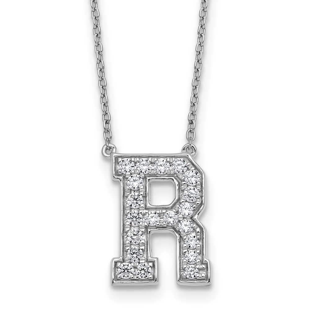 14K White Gold 0.50 Carat Lab Grown Diamond VS+ F+ Complete Letter R Initial Necklace, 18"