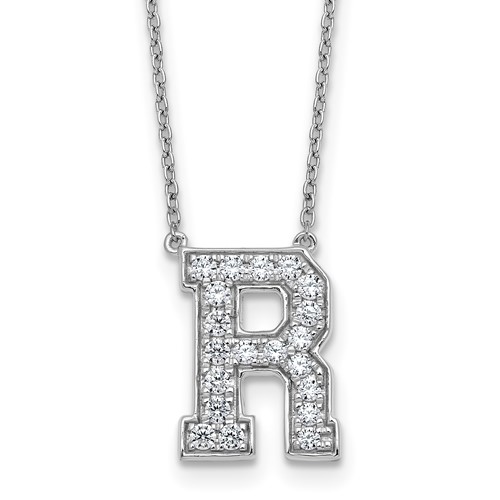14K White Gold 0.50 Carat Lab Grown Diamond VS+ F+ Complete Letter R Initial Necklace, 18"