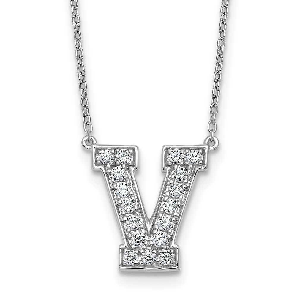 14K White Gold 0.38 Carat Lab Grown Diamond VS+ F+ Complete Letter V Initial Necklace, 18"