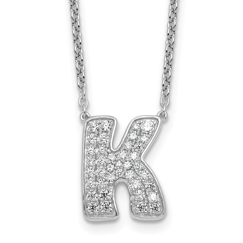 14K White Gold 0.50 Carat Lab Grown Diamond VS+ F+ Complete Letter K Initial Necklace, 18"