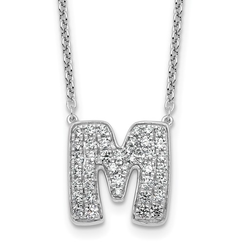 14K White Gold 0.75 Carat Lab Grown Diamond VS+ F+ Complete Letter M Initial Necklace, 18"