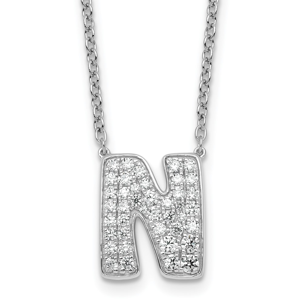 14K White Gold 0.62 Carat Lab Grown Diamond VS+ F+ Complete Letter N Initial Necklace, 18"