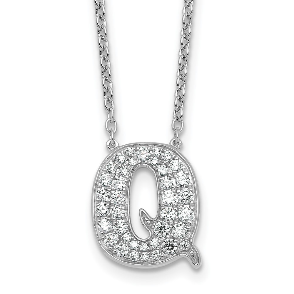 14K White Gold 0.50 Carat Lab Grown Diamond VS+ F+ Complete Letter Q Initial Necklace, 18"