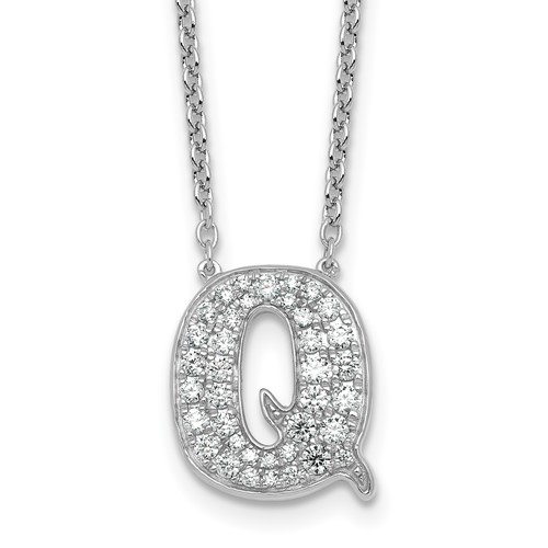 14K White Gold 0.50 Carat Lab Grown Diamond VS+ F+ Complete Letter Q Initial Necklace, 18"