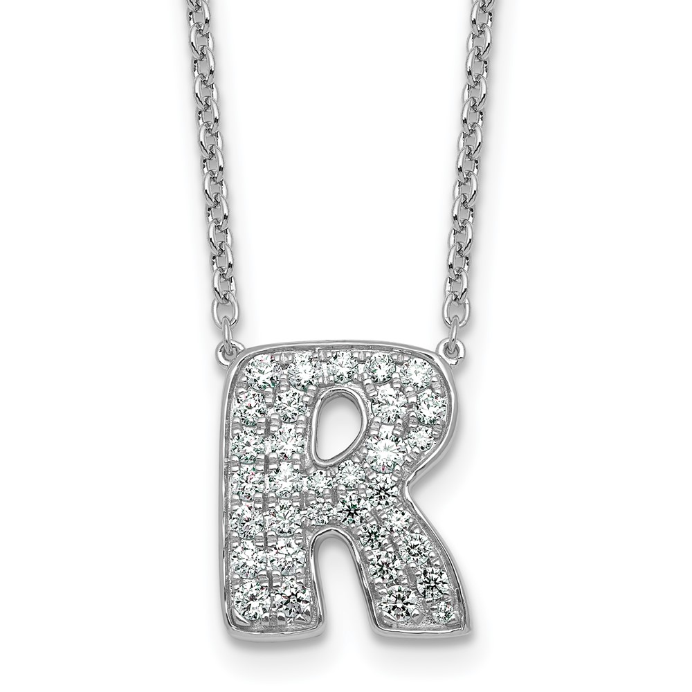 14K White Gold 0.62 Carat Lab Grown Diamond VS+ F+ Complete Letter R Initial Necklace, 18"