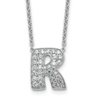 14K White Gold 0.62 Carat Lab Grown Diamond VS+ F+ Complete Letter R Initial Necklace, 18" view 1