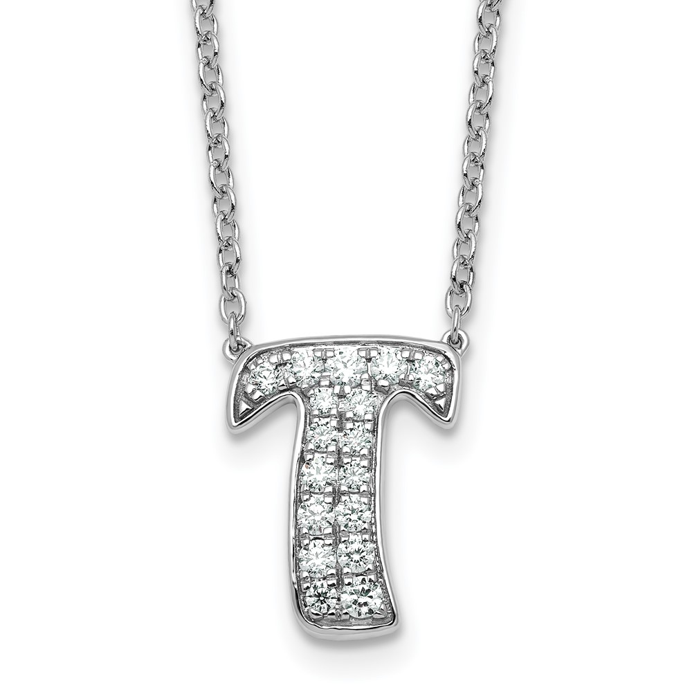 14K White Gold 0.38 Carat Lab Grown Diamond VS+ F+ Complete Letter T Initial Necklace, 18"