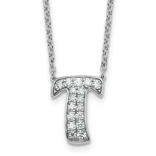 14K White Gold 0.38 Carat Lab Grown Diamond VS+ F+ Complete Letter T Initial Necklace, 18"