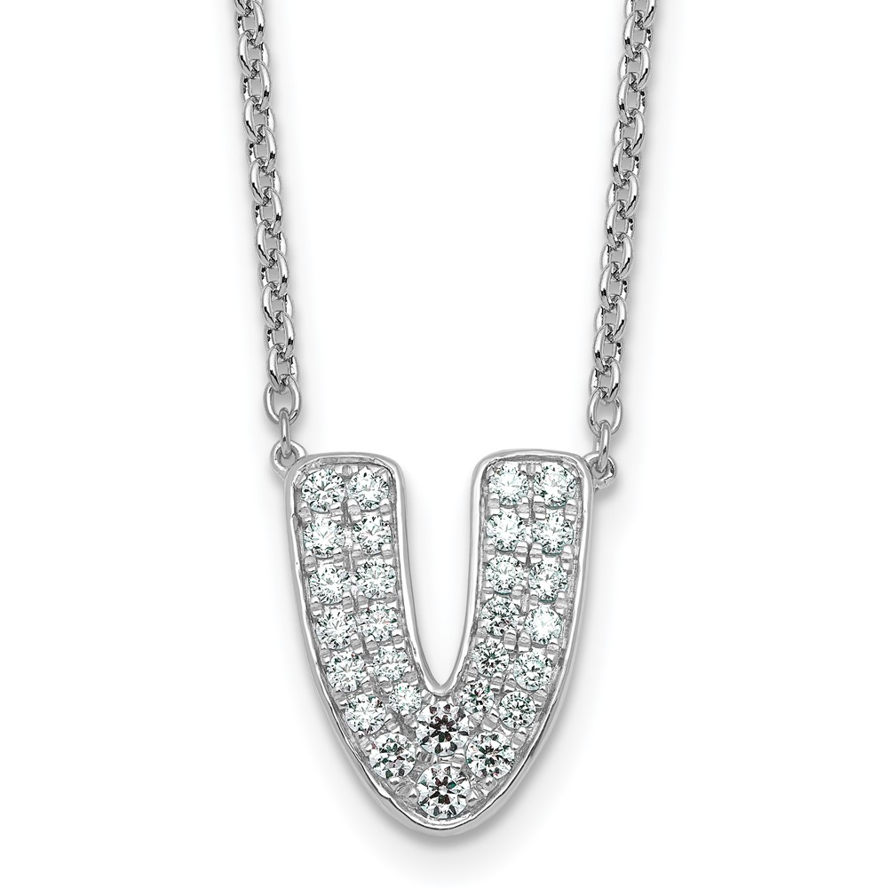 14K White Gold 0.50 Carat Lab Grown Diamond VS+ F+ Complete Letter V Initial Necklace, 18"