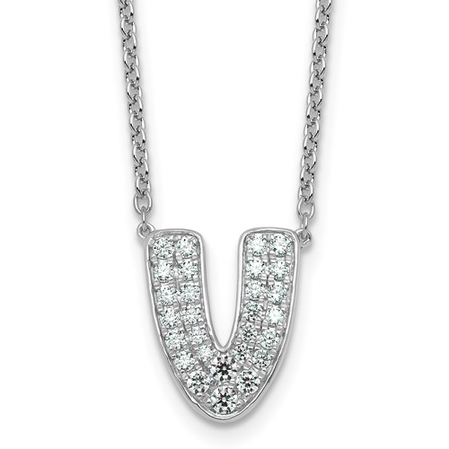 14K White Gold 0.50 Carat Lab Grown Diamond VS+ F+ Complete Letter V Initial Necklace, 18"