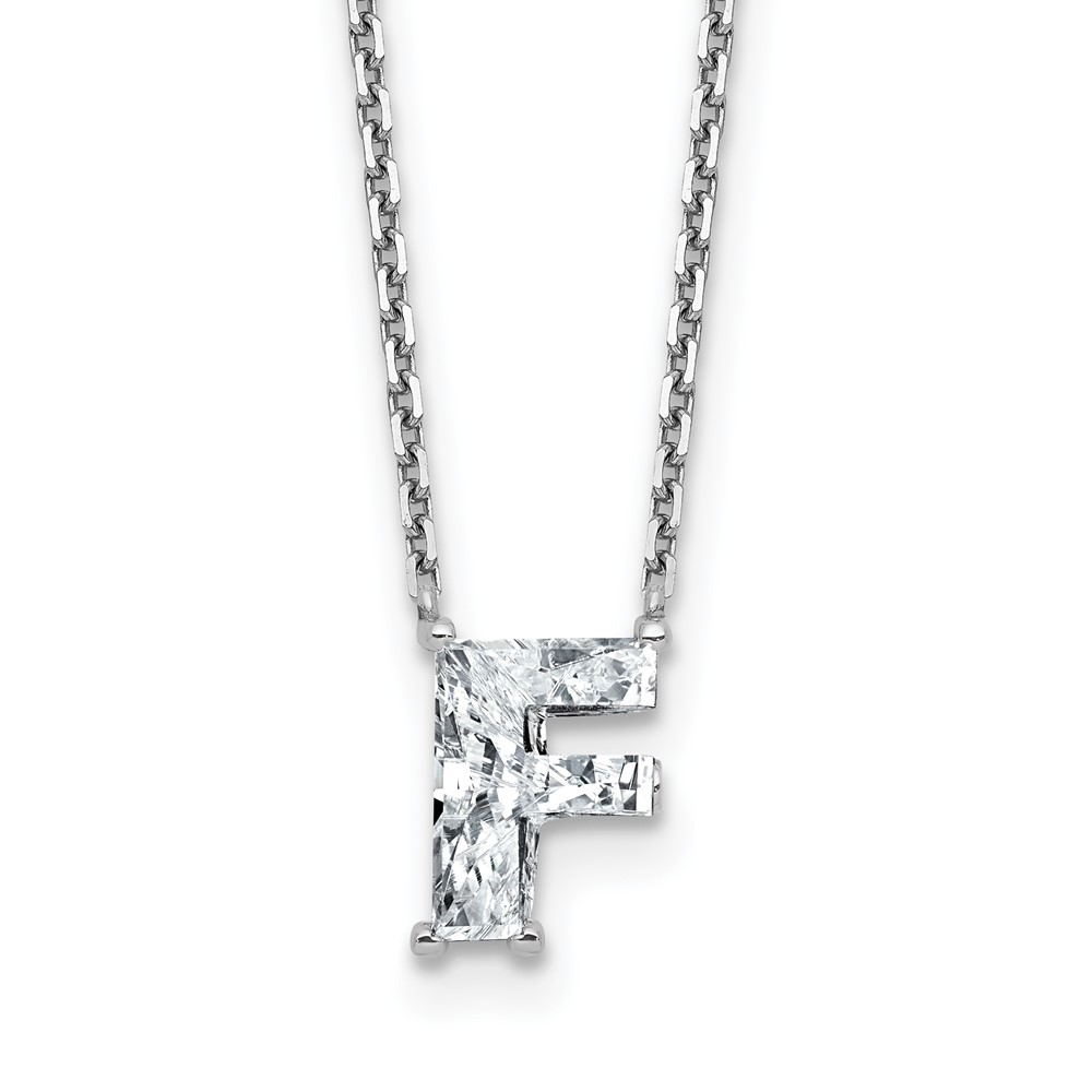 14K White Gold 1.50 Carat Lab Grown Diamond VS+ F+ Complete Letter F Single Stone Initial Necklace, 18"