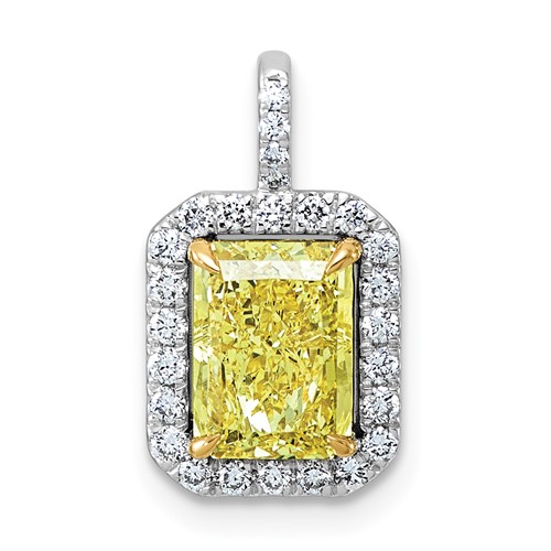 Emma Grace 14K Two-Tone 2.25 Carat Certified Lab Grown Diamond VS+ Emerald Vivid Yellow Center VS+ F+ Halo Complete Pendant