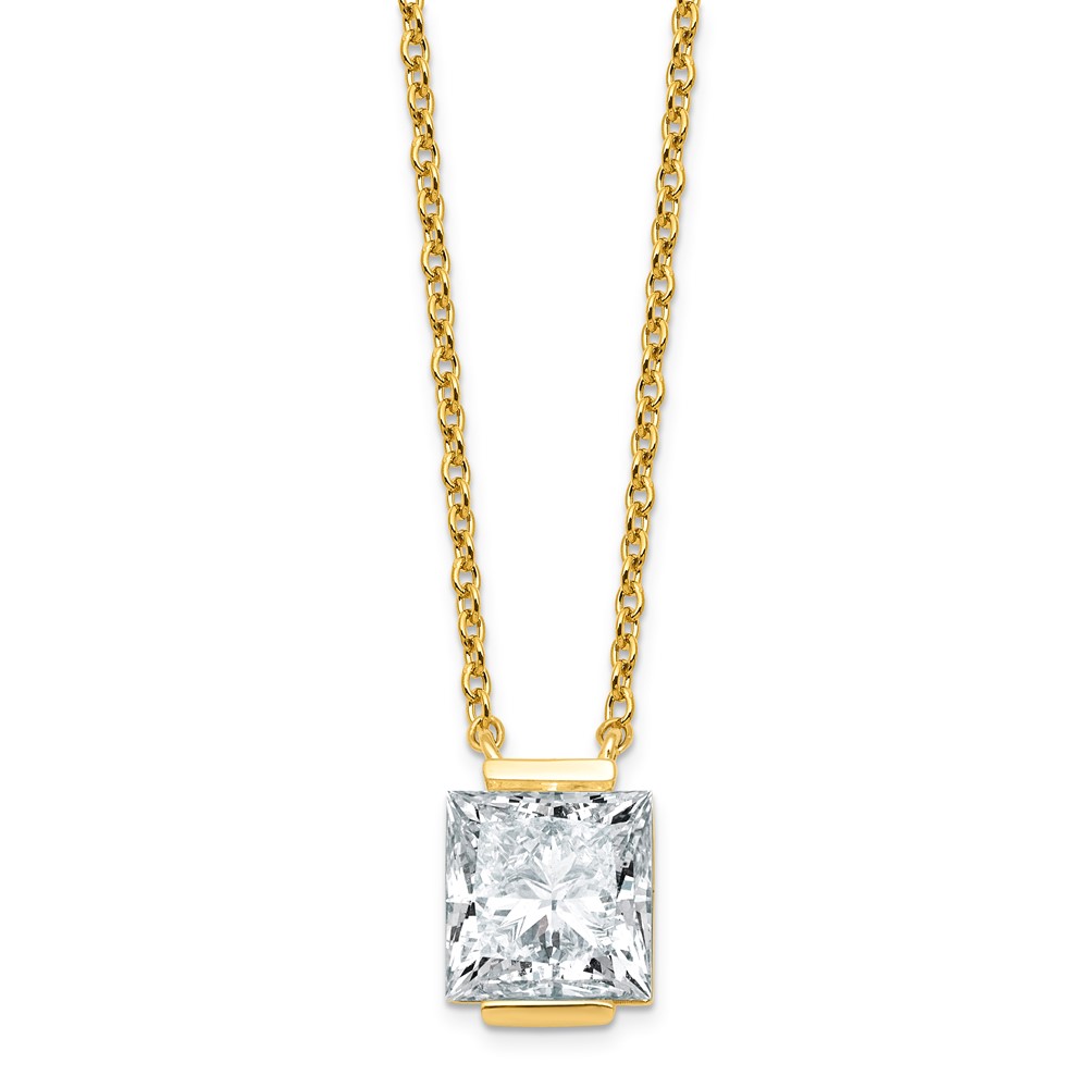 14K Yellow Gold 3 Carat Certified Lab Grown Diamond VS+ F+ Complete Princess Half Bezel Pendant Necklace, 18"