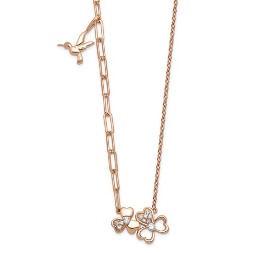 14K Rose Gold Lab Grown Dia VS+ F+ Clover & Hummingbird Complete Necklace