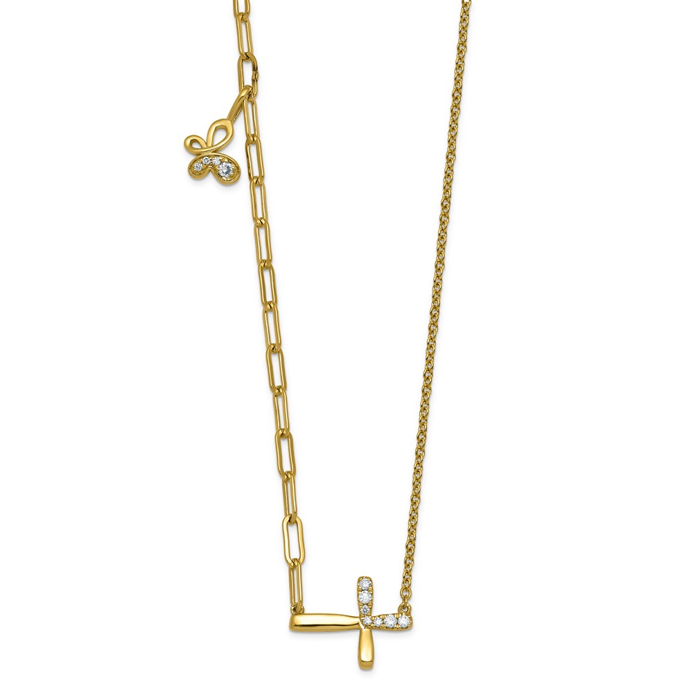 14K Yellow Gold Lab Grown Dia VS+ F+ Cross & Butterfly Comp Necklace
