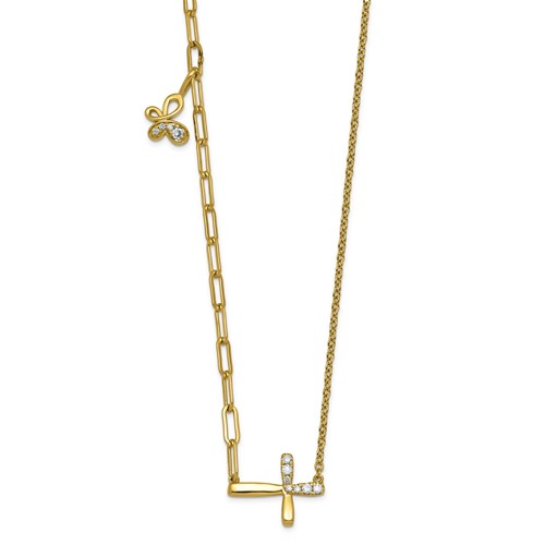 14K Yellow Gold Lab Grown Dia VS+ F+ Cross & Butterfly Comp Necklace