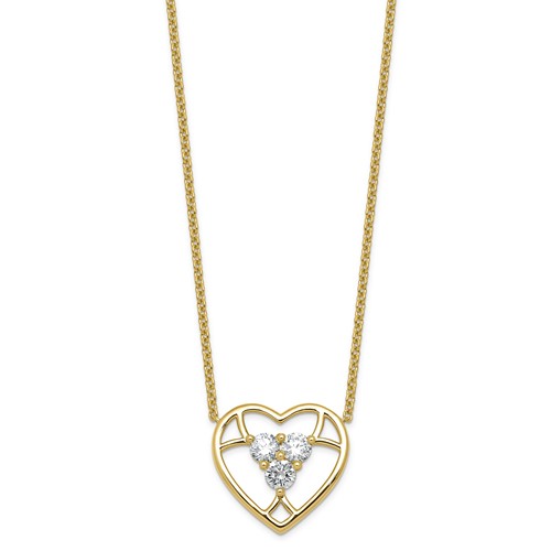 14K Yellow Gold Lab Grown Diamond VS+ F+ 3-stone Heart Necklace