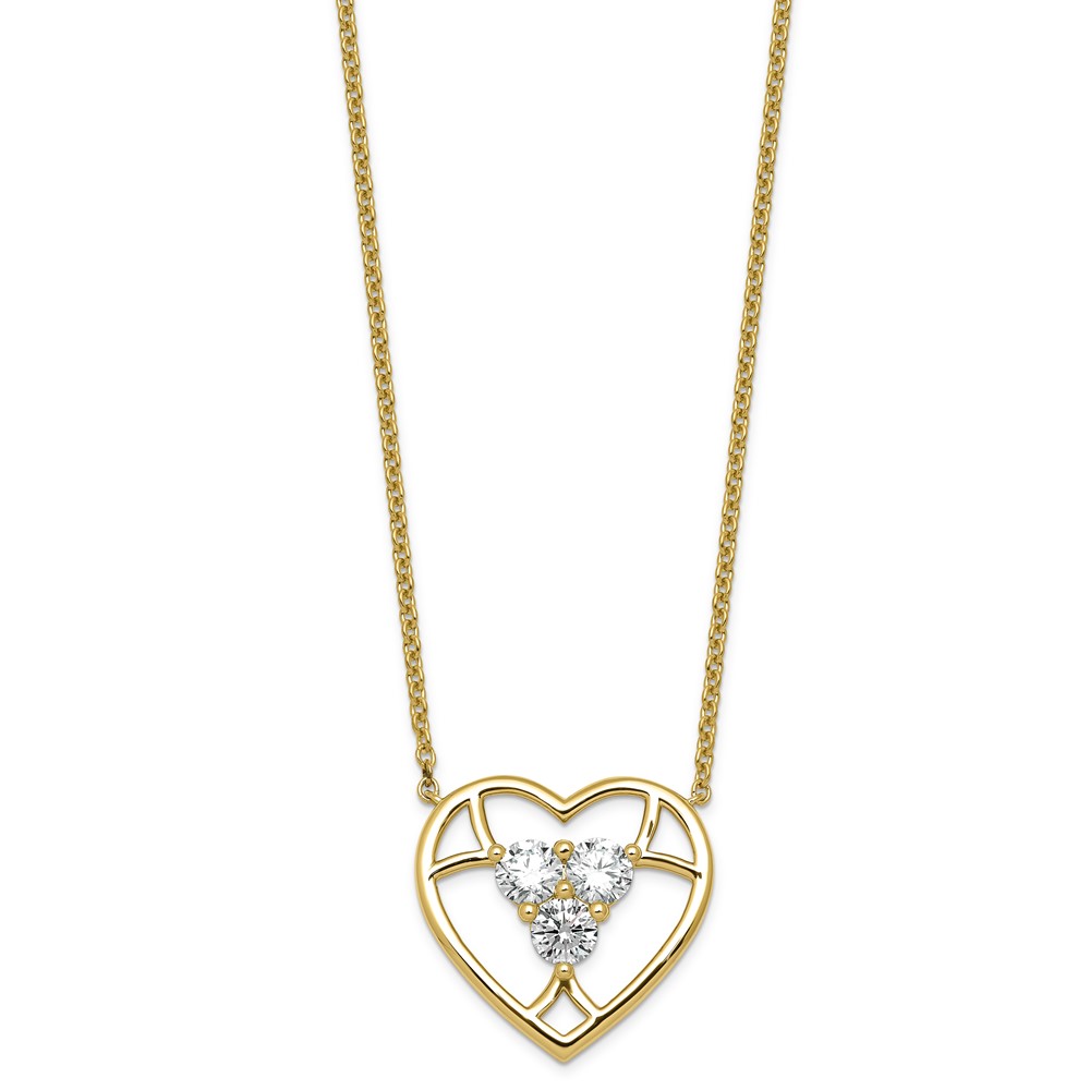 14K Yellow Gold Lab Grown Diamond VS+ F+ 3-stone Heart Necklace