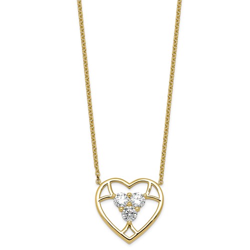14K Yellow Gold Lab Grown Diamond VS+ F+ 3-stone Heart Necklace