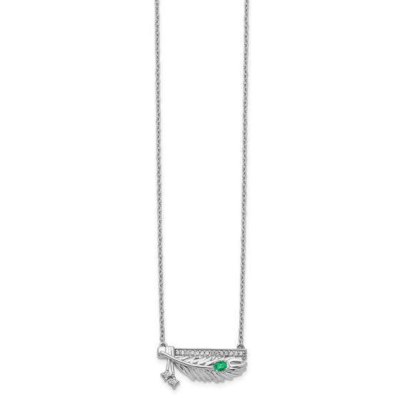 14k White Gold Diamond Bar with Emerald Feather 18 inch Necklace