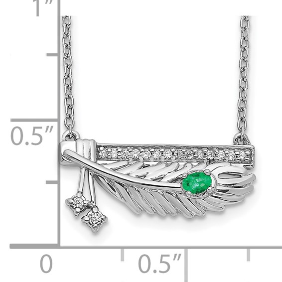 14k White Gold Diamond Bar with Emerald Feather 18 inch Necklace