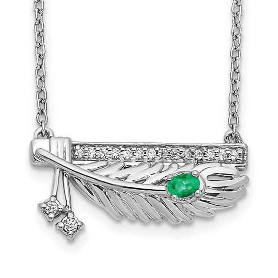 14k White Gold Diamond Bar with Emerald Feather 18 inch Necklace