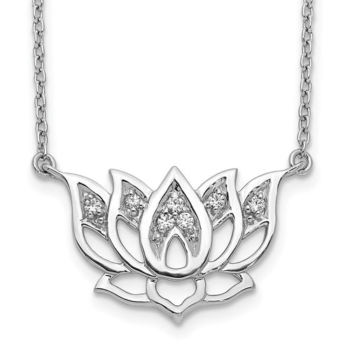 14K White Gold 0.07 Carat Lab Grown Diamond VS SI+ G+ Complete Lotus Flower Necklace, 18"