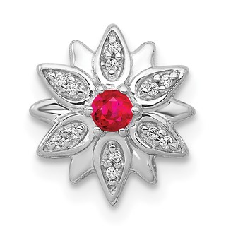 14k White Gold 1/20 carat Diamond and Ruby Flower Chain Slide