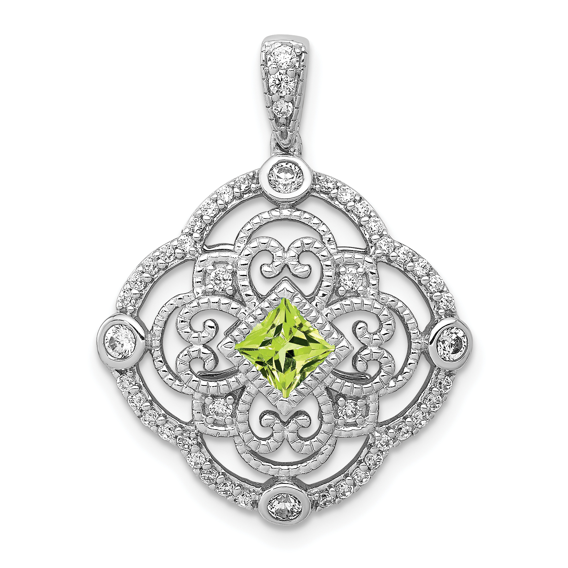 14k White Gold Diamond and .40 Peridot Fancy Filigree Pendant (PM3943-PE-038-WA)