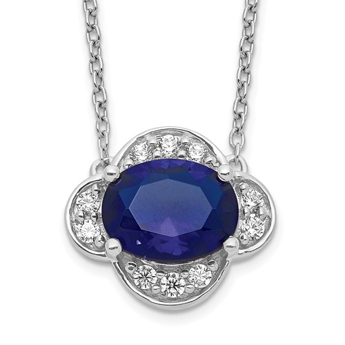 14K White Gold 0.20 Carat Lab Grown Diamond VS SI+ G+ and Created Sapphire Complete Necklace, 18"